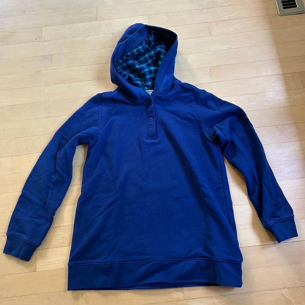 Lands End Navy Blue Hooded Sweatshirt with Flannel Plaid Lining - Sz S - EUC